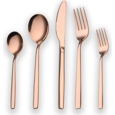 Couverts - 30 Pièces - Acier Inoxydable - Plaqué Titane Or Rose - 6 Personnes - Lavable Lave-vaisselle