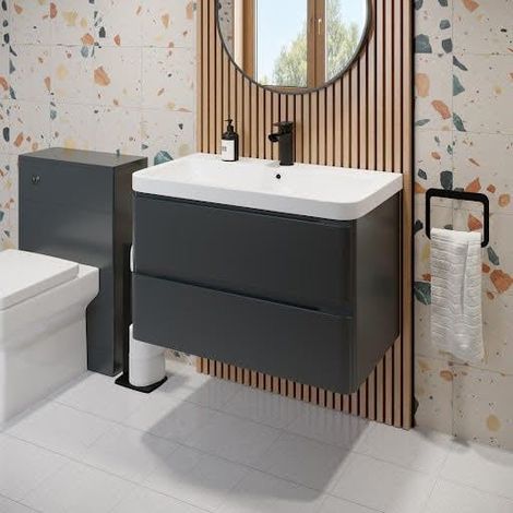 Regis Bathroom Grey Gloss Vanity Unit and Basin Sink Storage Furniture Cabinet - 800mm Wall Hung