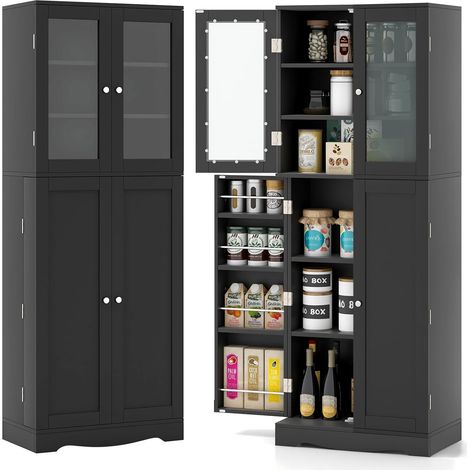 Costway – Meuble de cuisine noir avec 2 armoires à double porte – 10 compartiments – 4 étagères de porte – Verre trempé – 60 x 31,5 x 161,5 cm (1/5)