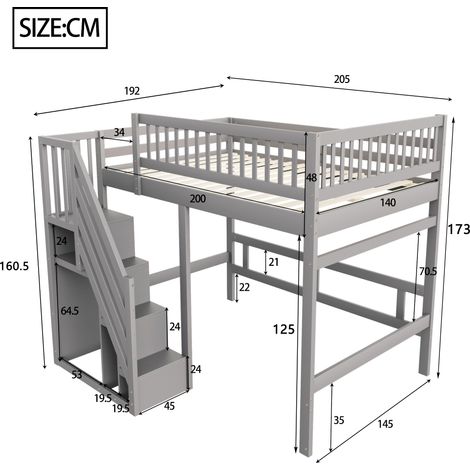 Lit en bois massif 140x200, escalier avec armoire, haute barrière, lit enfant ado, cadre bois massif, gris, matelas non inclus, gain de place (1/5)