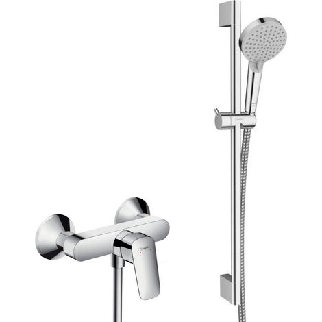 Hansgrohe – Ensemble de douche Logis 71600000VERNIS – Mitigeur mural chrome – Douchette 2 jets EcoSmart 9 l/min – Barre 65 cm (1/5)
