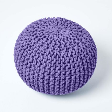 HOMESCAPES Purple Round Cotton Knitted Pouffe Footstool