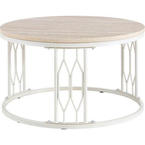 Table basse ronde effet bois, plateau MDF blanc, structure métal géométrique, design moderne stable pour salon, idéale près du canapé – CHICFURN (1/5)