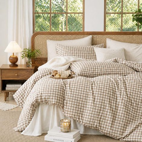 Duvet Cover 200 x 200 cm with 2 Pillowcases 65 x 65 cm, Gingham Chequered Brown Bedding Set for Double Adult with Zip, Check Microfibre Cover Sets (1/5)