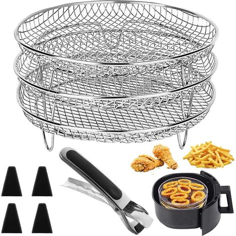3 Pièces Support De Friteuse À Air, Ronde Grille Vapeur pour Friteuse à Air en Acier Inoxydable Avec 4 Pieds en Silicone, 1 Clip Anti-brûlure, Pour la Cuisine et la Pâtisserie Déshydratées(20cm) (1/5)