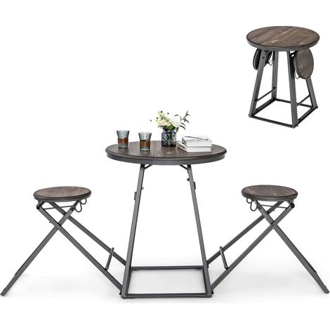 COSTWAY Conjunto de Mesa Redonda y Taburetes de 3 Piezas, Juego de Mesa Alta con 2 Taburetes Plegables, Conjunto de Mesa y Sillas Moderno para 2 Personas, Set de Comedor para Cocina Comedor