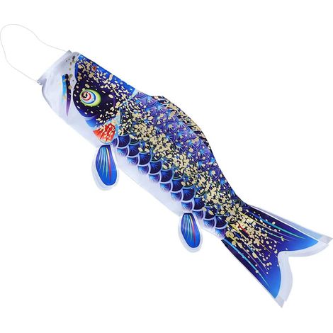 JeiibrZui Sac à vent japonais Koi - 100 x 27 cm - 1 pièce - Bleu - Drapeau traditionnel Koinobori en forme de poisson pour le jardin et les fêtes (1/5)