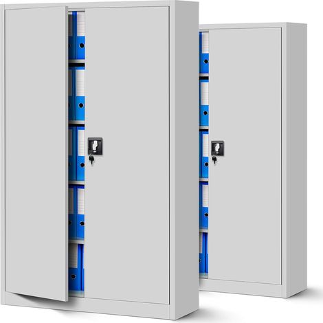 2er Set Aktenschrank XXL C001II Büroschrank Metallschrank Flügeltüren Stahlblech Pulverbeschichtung 185 cm x 115 cm x 40 cm (grau/grau) (1/5)