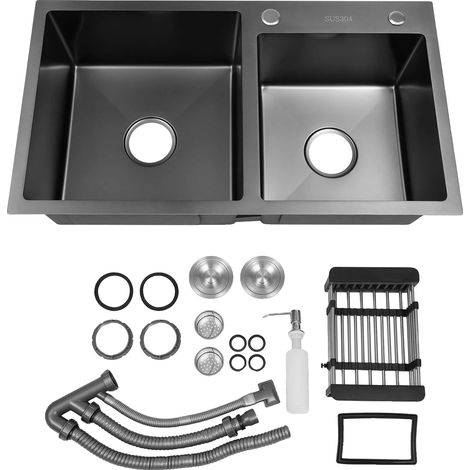 Évier de cuisine, double cuve, installation sous plan, noir (1/2)