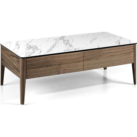 Table basse bois marbre céramique 2 tiroirs système de fermeture souple - Noyer, blanc, gris (1/5)