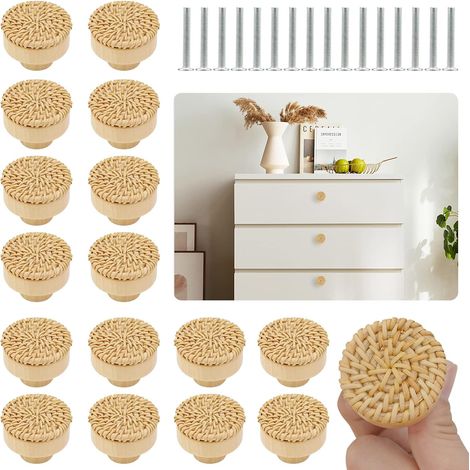 Lot de seize boutons de meuble en bois rond pour tiroirs et armoires style rotin pour meubles et rangements design bohème (1/5)