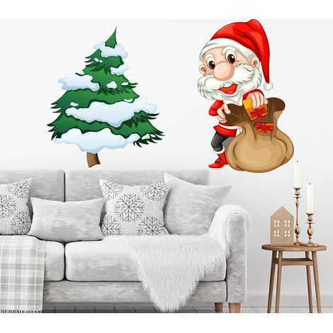 Sticker Noël le petit Père Noël et son sapin - Autocollants stickers adhésifs noël - décoration fêtes - 40x60cm (1/4)