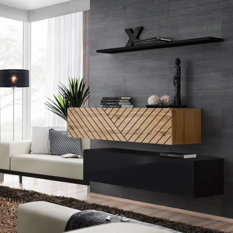 Lot de 2 Bancs Muraux & Étagère "Switch SBII" 130cm Noir & Naturel Rainuré (1/5)