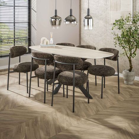 Table repas 215 cm effet travertin + 6 chaises en tissu texturé marron