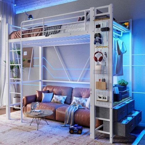 Lit mezzanine 1 place - SOGEU - Lit mezzanine métal avec LED - 90x200 cm - 4 tiroirs & penderie - LED + USB Type-C (1/5)