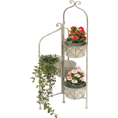 DanDiBo Blumentreppe Innen Metall Weiß Grau 100 cm Blumenständer mit 4 Töpfe 96128 Blumenständer Blumensäule Pflanzenständer Balkon Vintage (1/5)