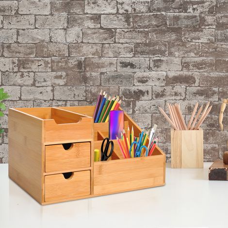 Organizzatore da scrivania in bambù HOMCOM, organizer da tavolo con 2 cassetti, 6 scomparti e ripiano per casa e ufficio, 33x20,5x15,5 cm, naturale