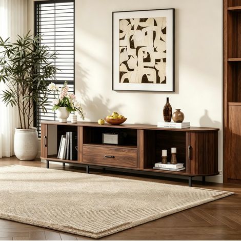 Mueble TV 180x40x50 cm, con 2 puertas correderas, 1 cajón y 2 huecos abiertos, MDF, color nogal (1/5)