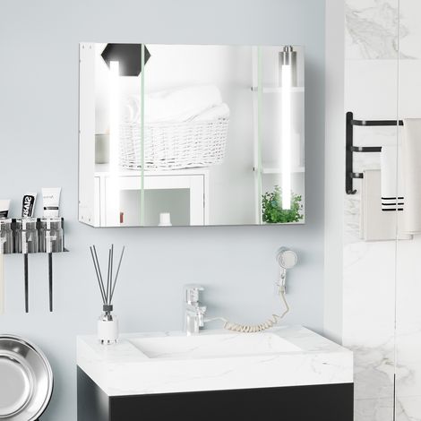 Badezimmer-Spiegelschrank, wandmontiert, aus MDF, mit 3 Schränken, 3 Ablagen und LED-Beleuchtung, 90 x 15 x 65 cm, Weiß