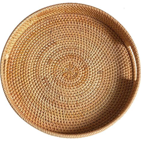Vassoio da portata rotondo in rattan, vassoio da portata in vimini con manici, cestino da portata decorativo in tessuto naturale intrecciato (30 cm, naturale) (1/5)
