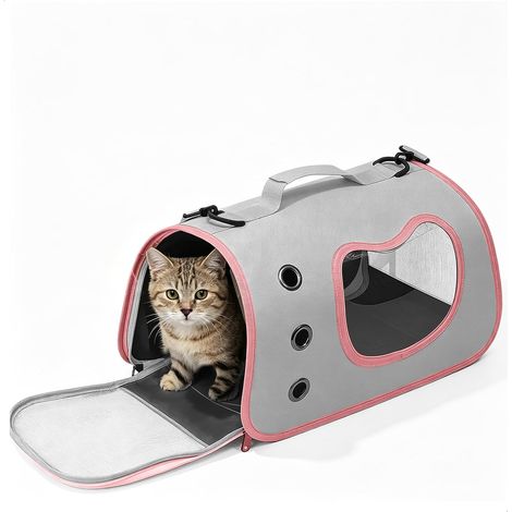 Sac de transport pour chat, sac à main pour chat, panier pour chat, sac de transport pliable pour chats et petits chiens, 40 x 26 x 26 cm, gris et rose (1/5)