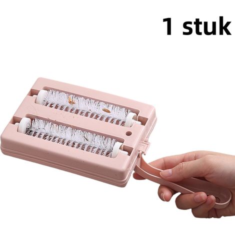 Brosse à poussière à double rouleau pour tapis vêtements linge de lit et poils d'animaux avec fonction de dépoussiérage et de récupération du papier couleur rose 1 pièce (1/5)