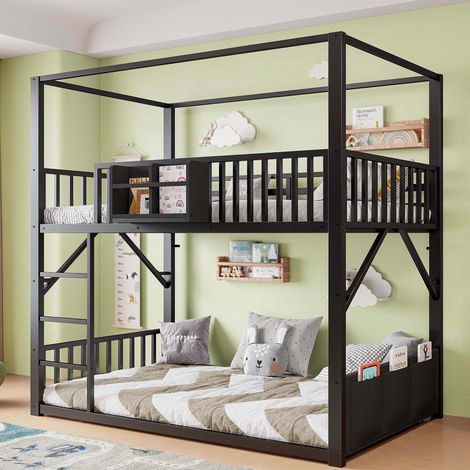 Lit superposé en métal 90 x 200 cm pour enfants et adolescents, sommier simple gain de place avec structure de toit, lit superposé moderne pour enfants noir (1/5)