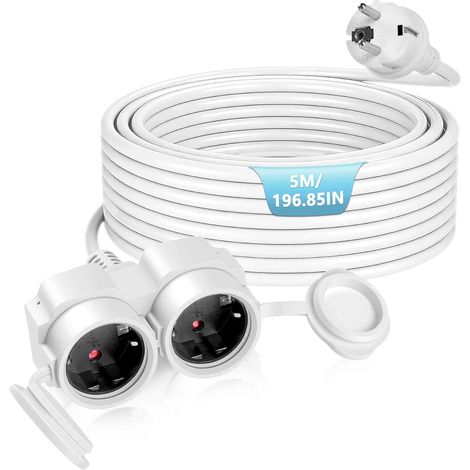 Rallonge électrique avec Deux Prises et couvercles Anti-poussière, Prise extérieure étanche, rallonge avec Prise intérieure/extérieure, Puissance maximale 3500 W, 16 A 250 V, IP44,5m Blanc (1/5)