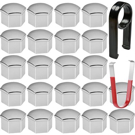 22pcs Capuchon d'écrou de roue 17mm Capuchons D'écrou de Boulon de roue, Cache-écrous de pneu Hexagonaux avec Ensemble D'outils de Démontage pour Voitures (chrome) (1/5)