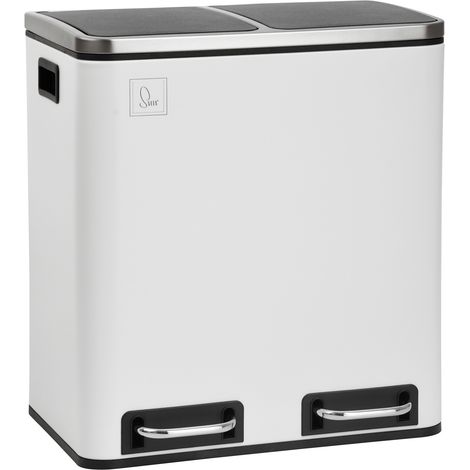 Svita – Poubelle à pédale 30L – 2 compartiments avec couvercles à fermeture lente – Acier thermolaqué blanc – Système de tri sélectif