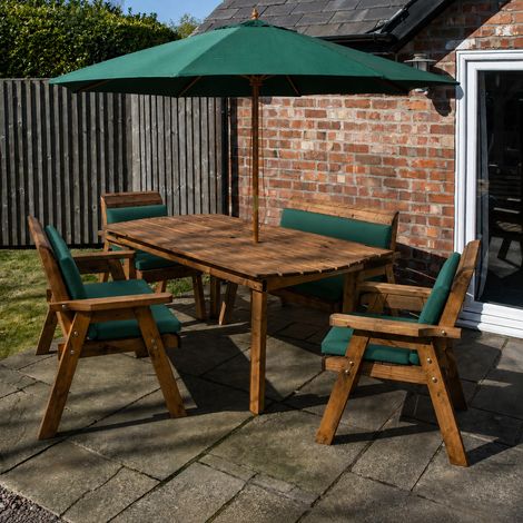 6 Seater Wooden Set. Table, Bench, Chairs, Parasol & Green Cushions (1/5)