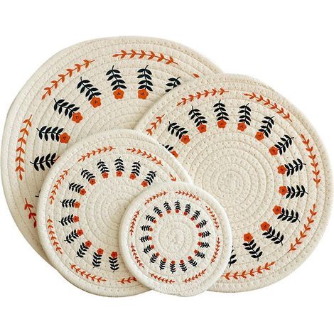 Manteles individuales redondos de estilo americano, de algodón grueso con aislamiento térmico, juego de 4, estampado floral, ideales para mesas y como posavasos. (1/5)