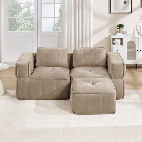 Canapé d'angle modulaire en L 2 places avec pouf, canapé nuage sans cadre en polyester, mousse haute densité 32D, assise profonde antidérapante, sans montage, 198 x 162 x 67 cm, Sable (1/5)