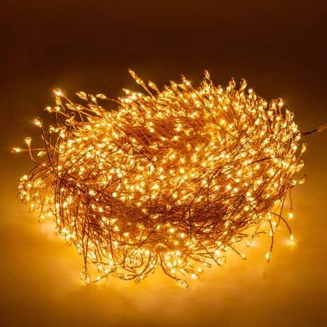 LUCCIKA Home stringa minicluster 10 mt catena  9,5 cm 1000 luci microled per alberi di Natale  1.5 mm bianco caldo 31V con 8 giochi di luce cavo rame IP44 per uso esterno interno Nero/Celeste 10 metri