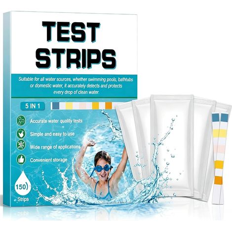 Bandelette Piscine 5 En 1, Testeur Piscine 150 Bandes, Pour Eau De Piscine Et Spa, Test Piscine Mesure Dureté Totale, Chlore Total, Chlore Libre Ou Brome, Ph Et L'alcalinité Totale (1/5)