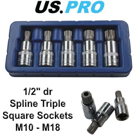 US PRO Spline Sockets 5pc 1/2"" Drive Triple Square Bit M10 - M18 Eva Tray 3973