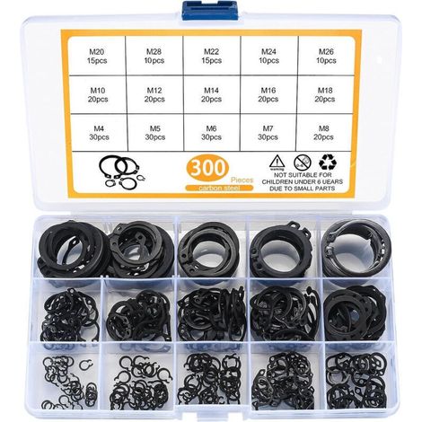 300 Pièces E-clips Kit Anneau de Retenue Externe, Assortiment Circlips Snap, Bagues d'arrêt Circlips, M4-M28 (1/4)