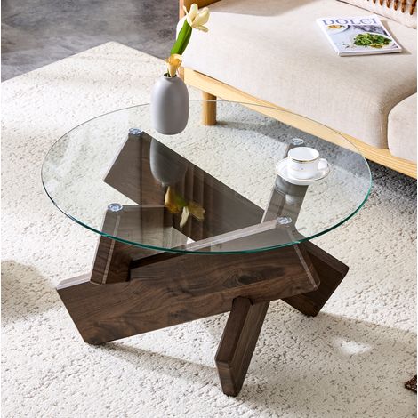 Couchtisch (79x79x45 cm), runde Glasplatte, Kreuzgestell, MDF und Glas, Transparent und Walnuss (1/5)