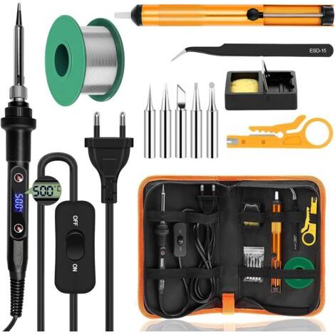 Fer à Souder Kit 80W Température Réglable 180-520°C Electronique de Precision avec Interrupteur ON/OFF, 5 Conseils de soudage, Pompe à Dessouder, Fil de Soudure, Station de Soudage, Pincettes (1/4)