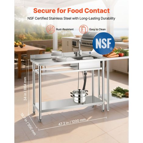 Bac à laver inox professionnel sur pied, évier 1 cuve avec robinet eau chaude froide, plan de travail bassin gauche garage restaurant buanderie 1200x500x940mm (1/5)