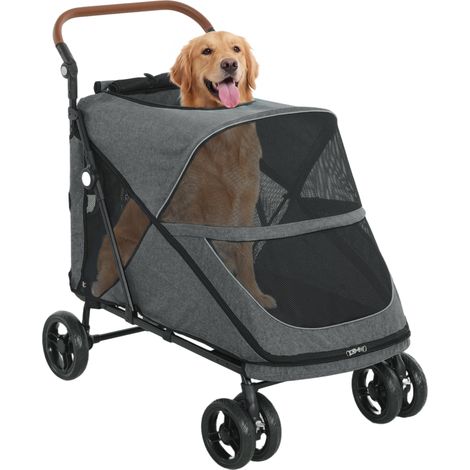 Poussette pliable pour grands chiens jusqu'à 30 kg, avec roues pivotantes à 360°, fenêtre en filet, coussin et poignée réglable, grise.