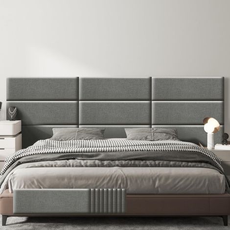 VERCART Lot de 9 panneaux muraux rembourrés autocollants en lin - Tête de lit 3D insonorisée avec mousse - Pour chambre à coucher, salon, bureau - Gris - 90 x 30 cm