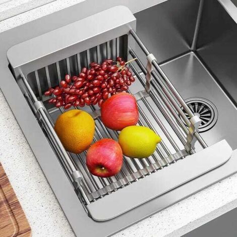 Égouttoir de cuisine pliable en acier inoxydable, grille d'égouttage, égouttoir à vaisselle, accessoire de cuisine, gris, 22.5 cm de large.