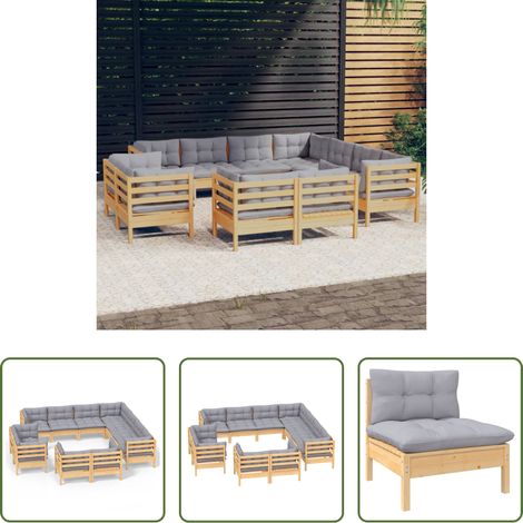 Terrassensofa -  11-tlg. Garten-Lounge-Set mit Grauen Kissen Massivholz Kiefer (1/5)