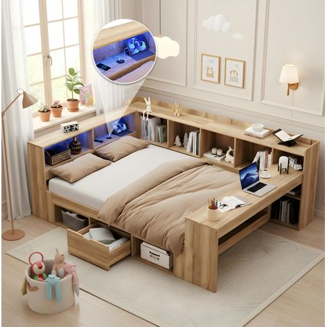 DESVIAE Lit enfant avec rangement et bureau 140 x 200 cm lit de jour en bois avec éclairage LED ports USB et Type C étagères tiroirs et sommier inclus coloris naturel (1/5)