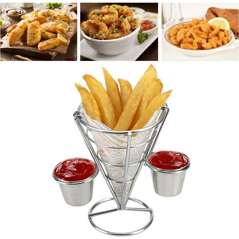 Panier à frites cône en fil de fer plaqué double coupe 14.5x10cm buffet snacking avec 1 support 2 porte-sauces 2 godets (1/5)