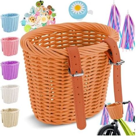Panier de vélo tressé pour enfant - Panier de vélo avant pour enfants et filles - Panier de vélo avant amovible - Avec cloches, serpentins, sonnette de vélo, autocollants (1/5)