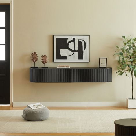 Mueble TV de pared 180 cm con pasacables, compartimento cerrado y bordes redondeados, estructura de aglomerado negro (1/5)