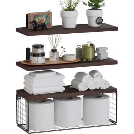 Étagère murale，mural en bois à trois couches, marron foncé, avec panier de rangement en papier - RWÉtagère murale