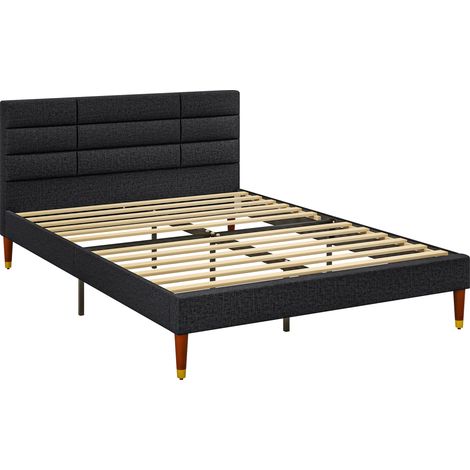 Cadre de lit double 2 personnes avec sommier à lattes et tête de lit capitonnée compatible matelas 140 x 200 cm noir (1/5)